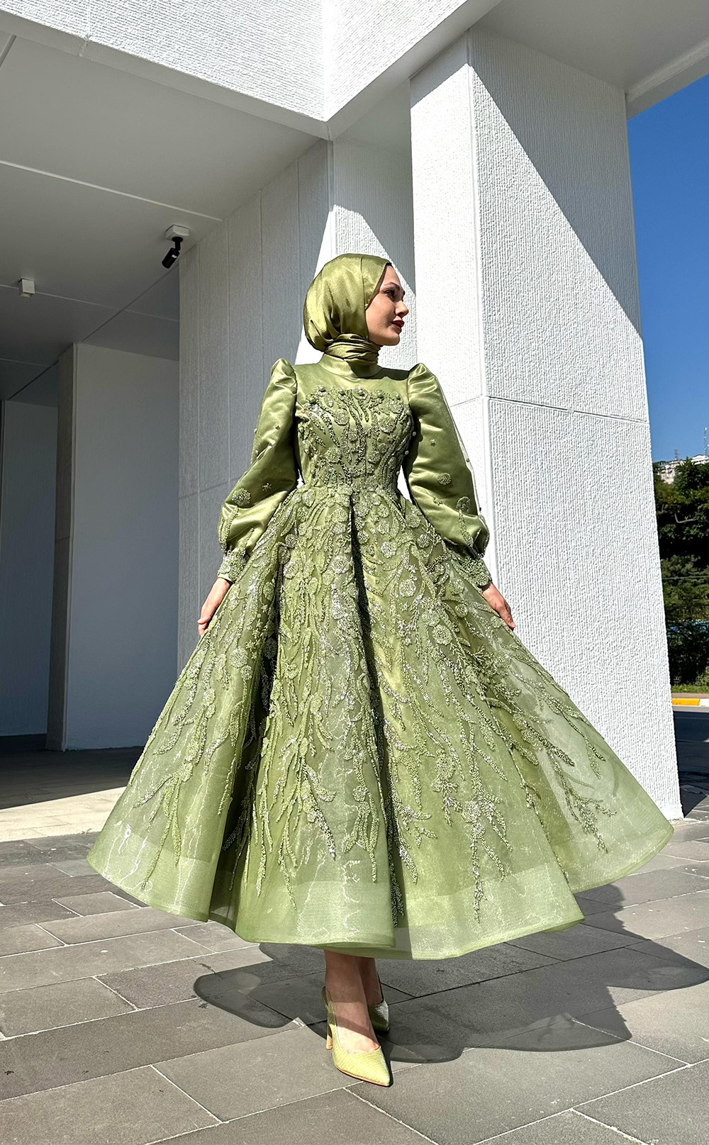 Yeşil Taşlı Abiye - Ayakkabı Şal Dahil
